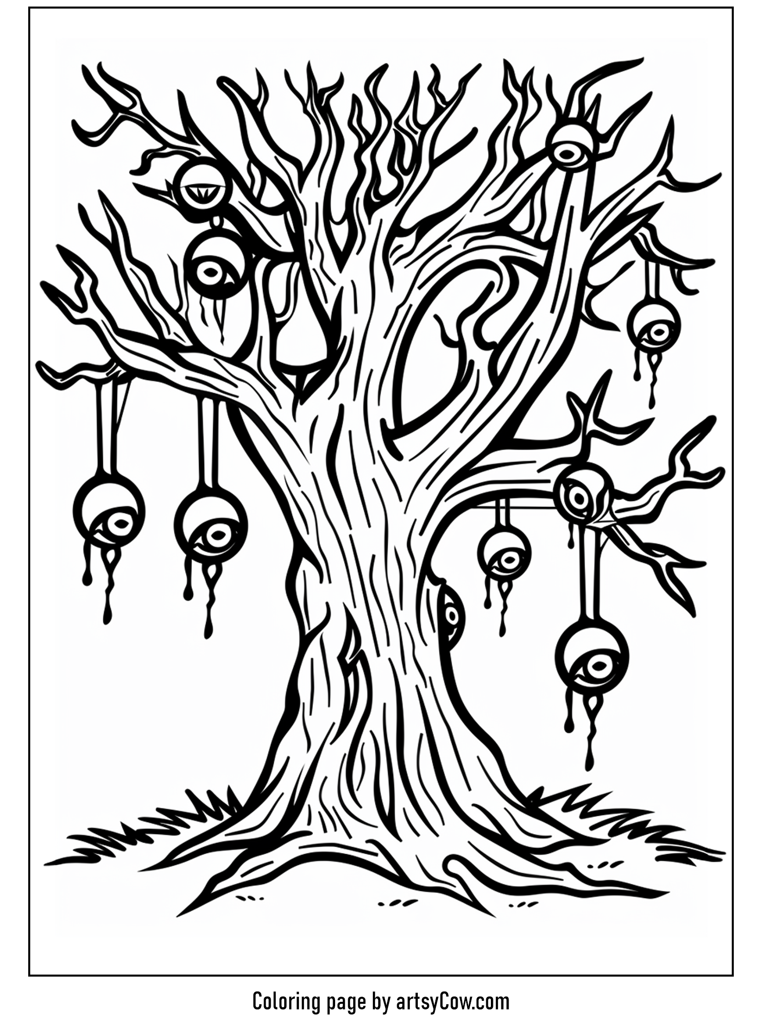 scary halloween coloring pages featuring an eerie tree with dangling eyeballs